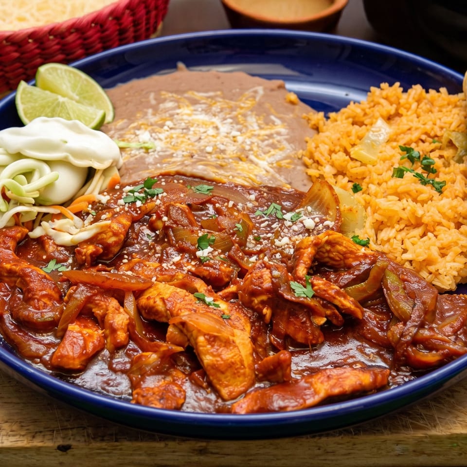Chicken tinga with rice, refried beans, lime, and cabbage salad on a blue plate.