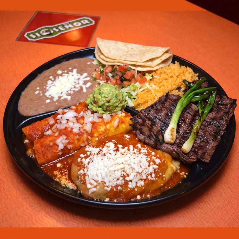 A Si Señor combination plate with carne asada, enchiladas, chile relleno, rice, beans, guacamole, and tortillas.