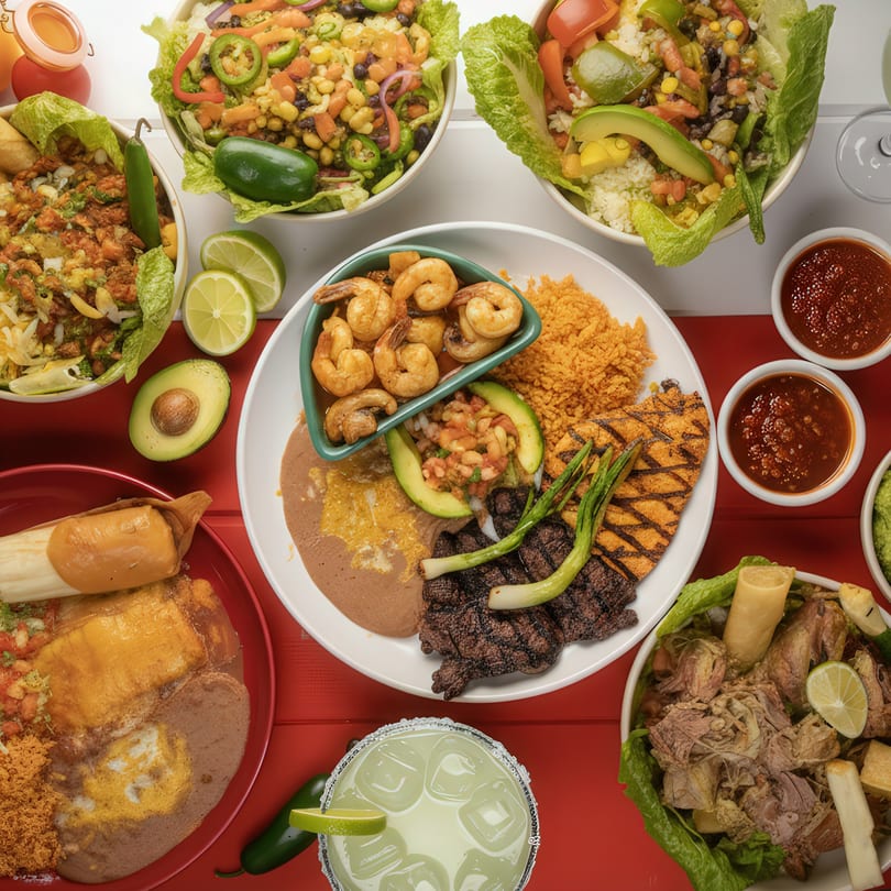Overhead view of a vibrant Mexican feast with various dishes, salsas, and a margarita on a red table.