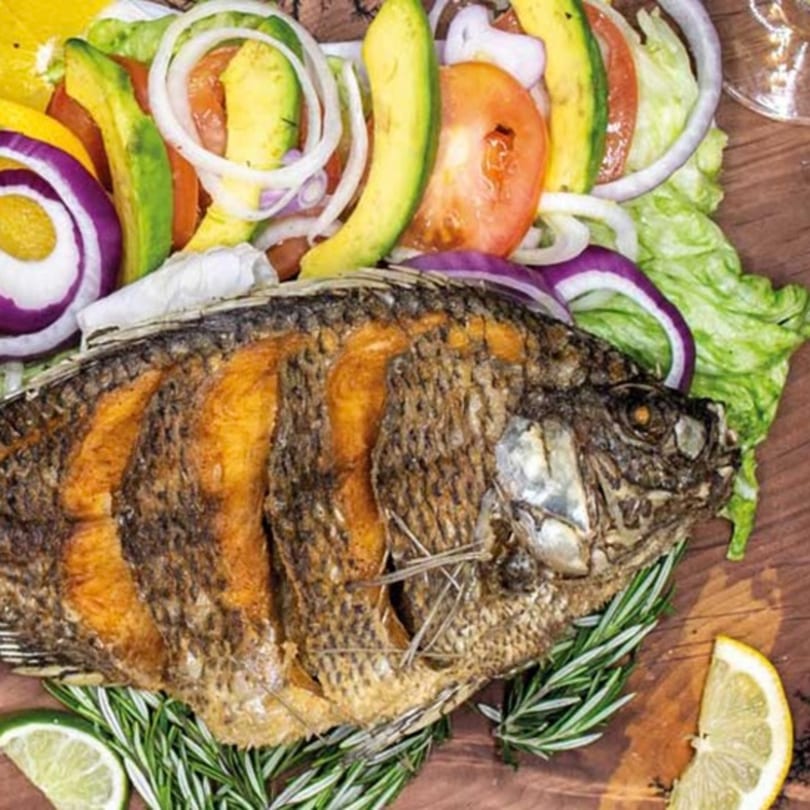 Crispy whole fried fish with a side of avocado, tomato, onion, and lettuce salad.