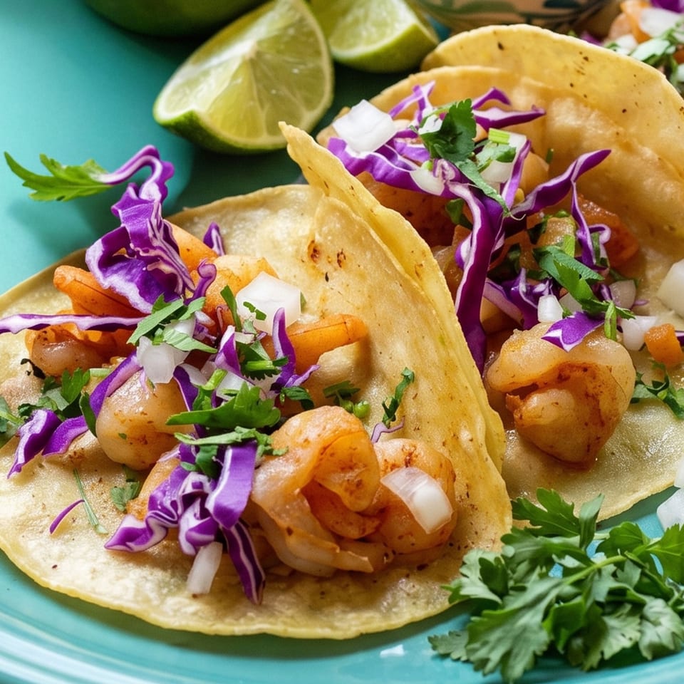 Three shrimp tacos with purple cabbage, onions, and cilantro, served with lime wedges.