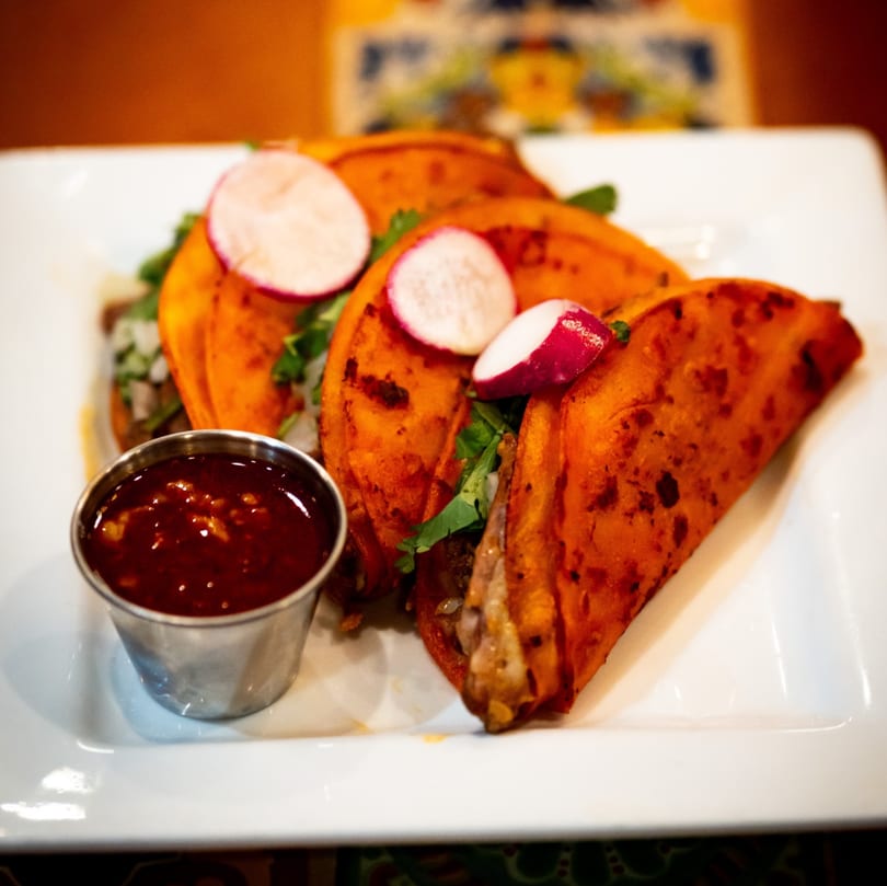 Three birria tacos with radishes and cilantro, served with a side of red sauce on a white plate.
